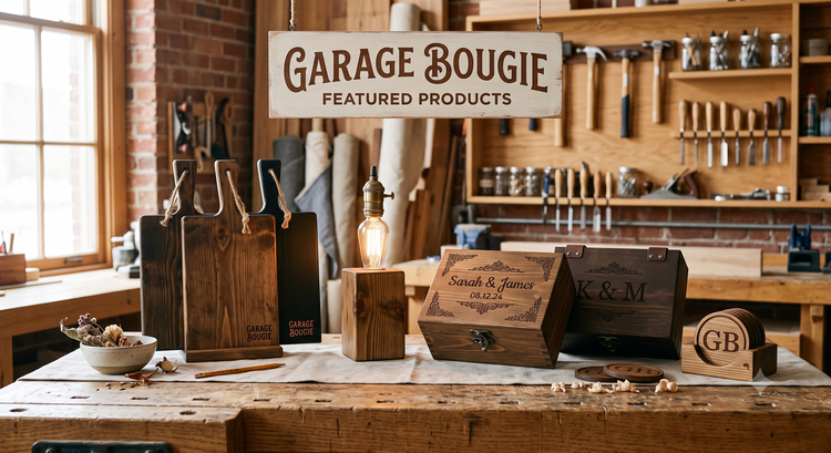 Curated display of Garage Bougie handcrafted wooden wedding keepsakes, personalized engraved keepsake box, table risers, and rustic candle lanterns on a wood workbench.