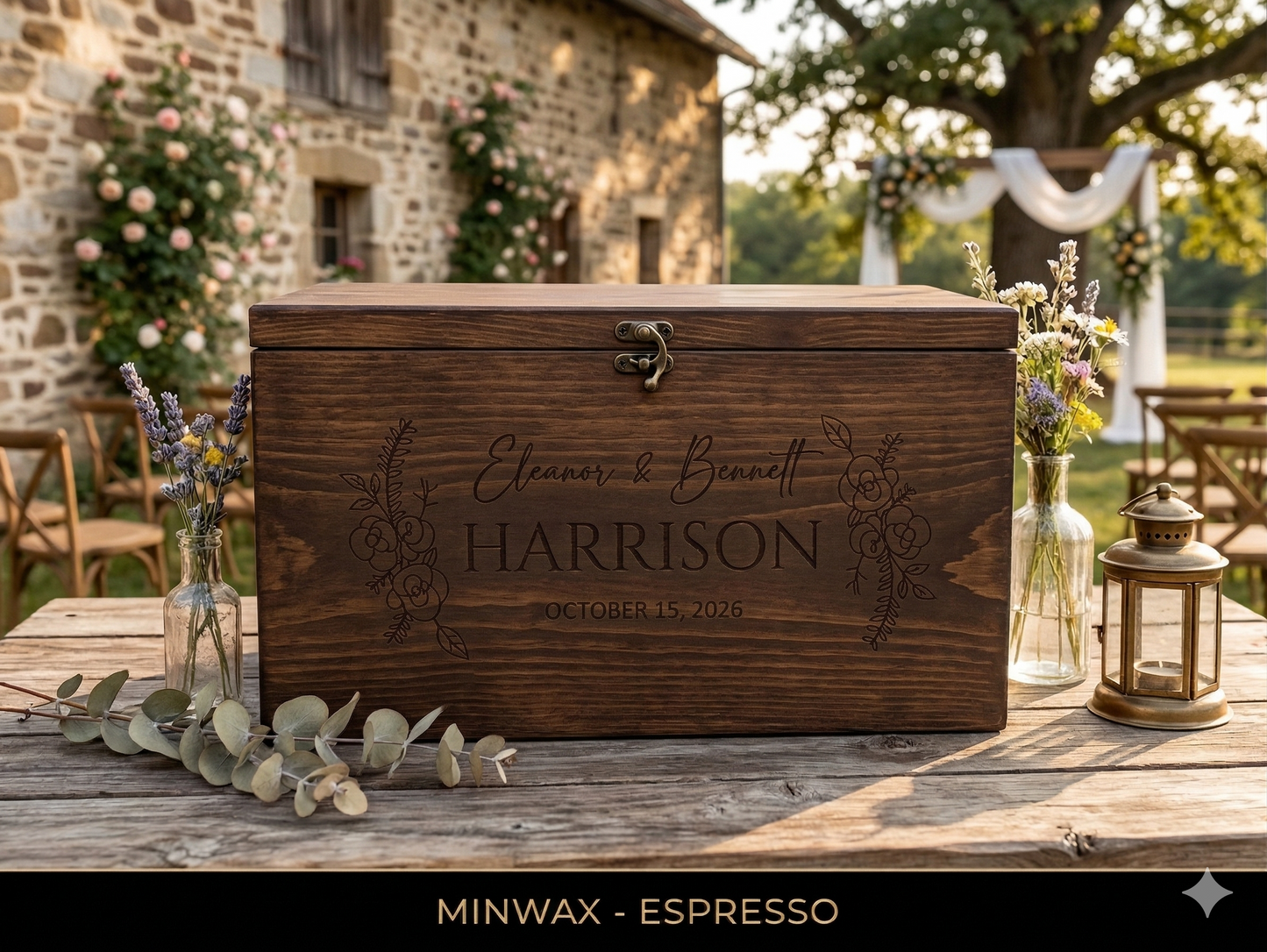Personalized Engraved Pine Wood Wedding Keepsake Box | Rustic Farmhouse Memory Box Gift