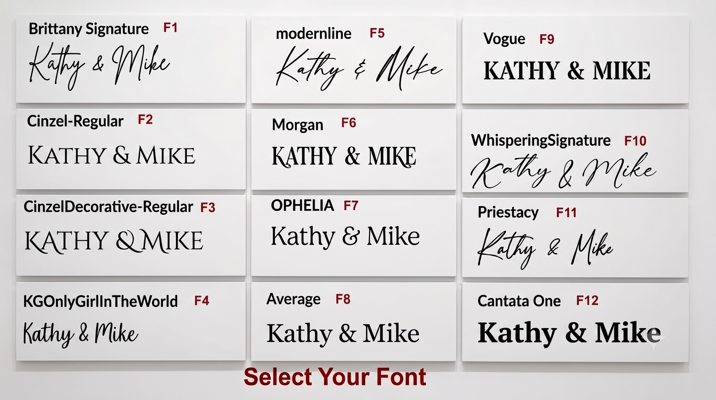 A grid of font options labeled with names and codes such as Brittany Signature, Cinzel-Regular, Morgan, Vogue, WhisperingSignature, OPHELIA, Priestacy, KGOOnlyGirlInTheWorld, Average, Cantata One, and F1 through F12, all showing the text 'Kathy & Mike' in different script and serif styles. Red text at the top says 'Select Your Font' on a white background.