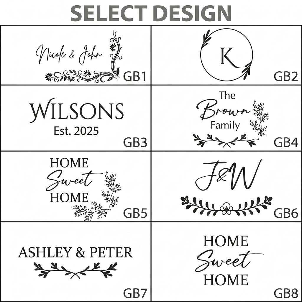 A design selection chart with eight monogram and text graphic options labeled GB1 through GB8, under the heading 'SELECT DESIGN'. The chart shows black decorative script and floral monogram examples on a white grid background.