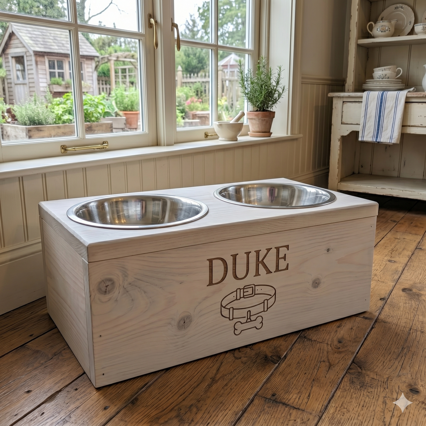 Personalized Engraved Wooden Dog Bowl Holder | Handcrafted Farmhouse Elevated Pet Feeder