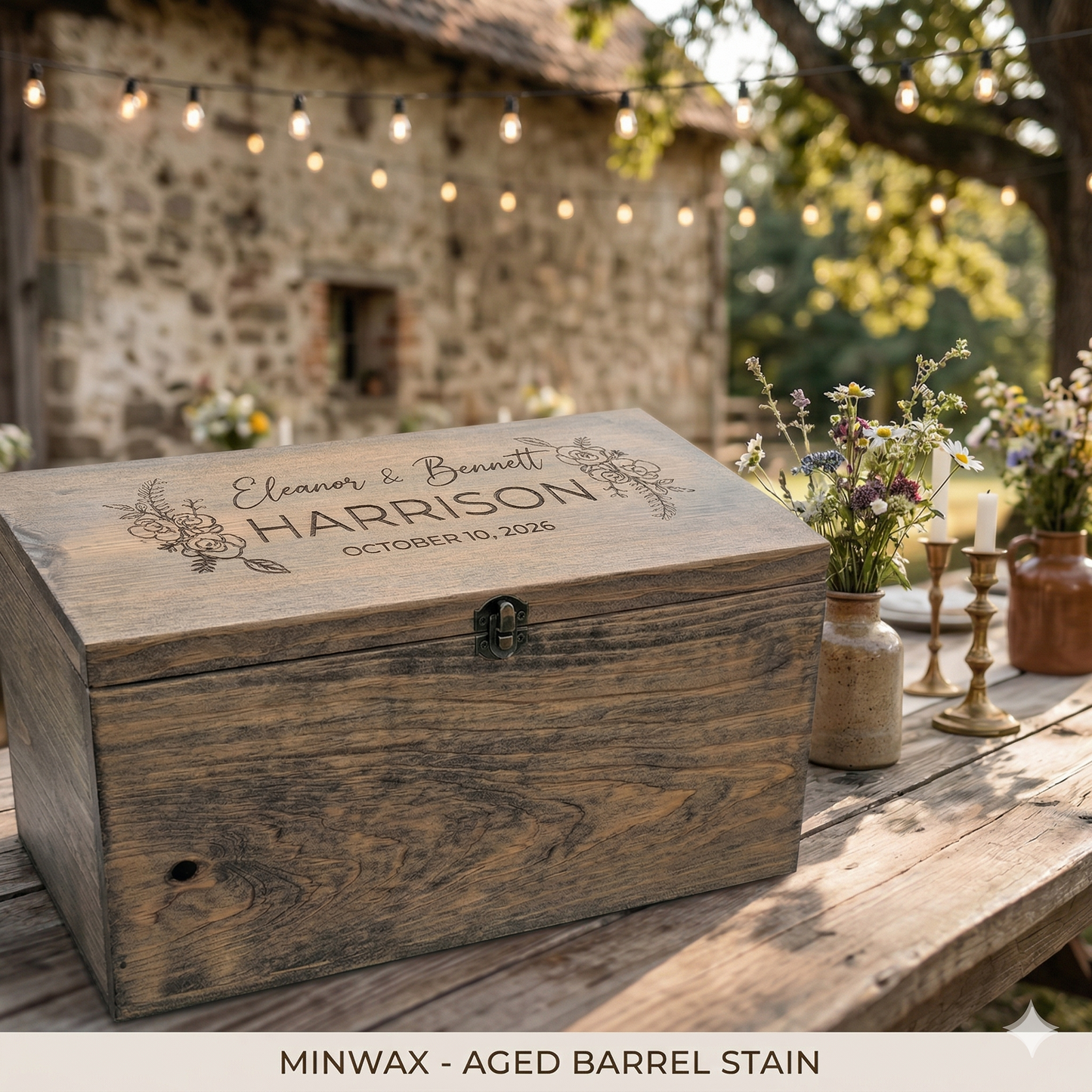 Personalized Engraved Pine Wood Wedding Keepsake Box | Rustic Farmhouse Memory Box Gift