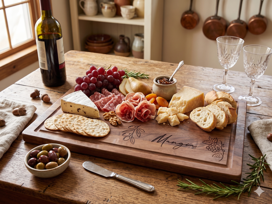 A wooden charcuterie board engraved with 'Margie's' and grapevine details, styled on a rustic wooden table with cheese, sliced bread, crackers, grapes, olives, a bottle of red wine, and two wine glasses.