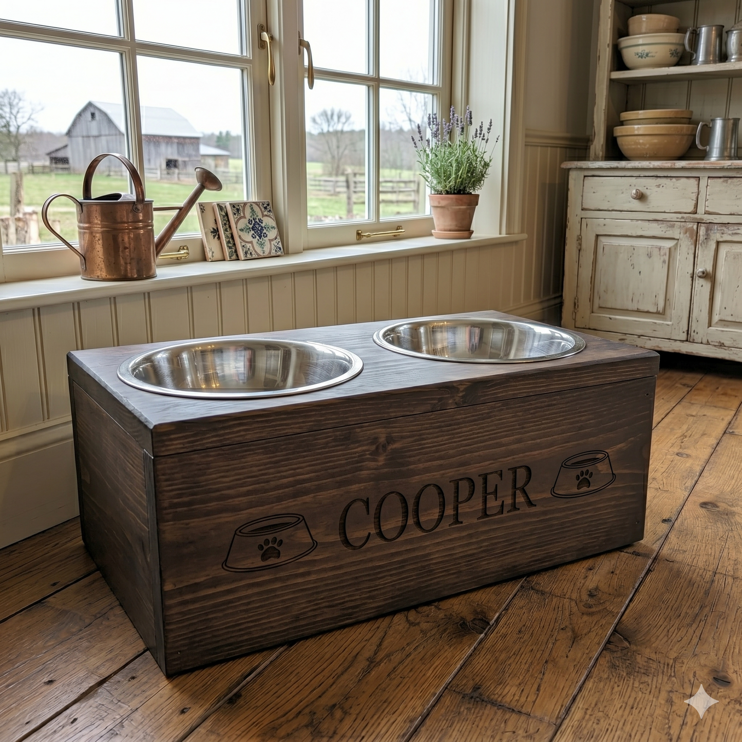 Personalized Engraved Wooden Dog Bowl Holder | Handcrafted Farmhouse Elevated Pet Feeder