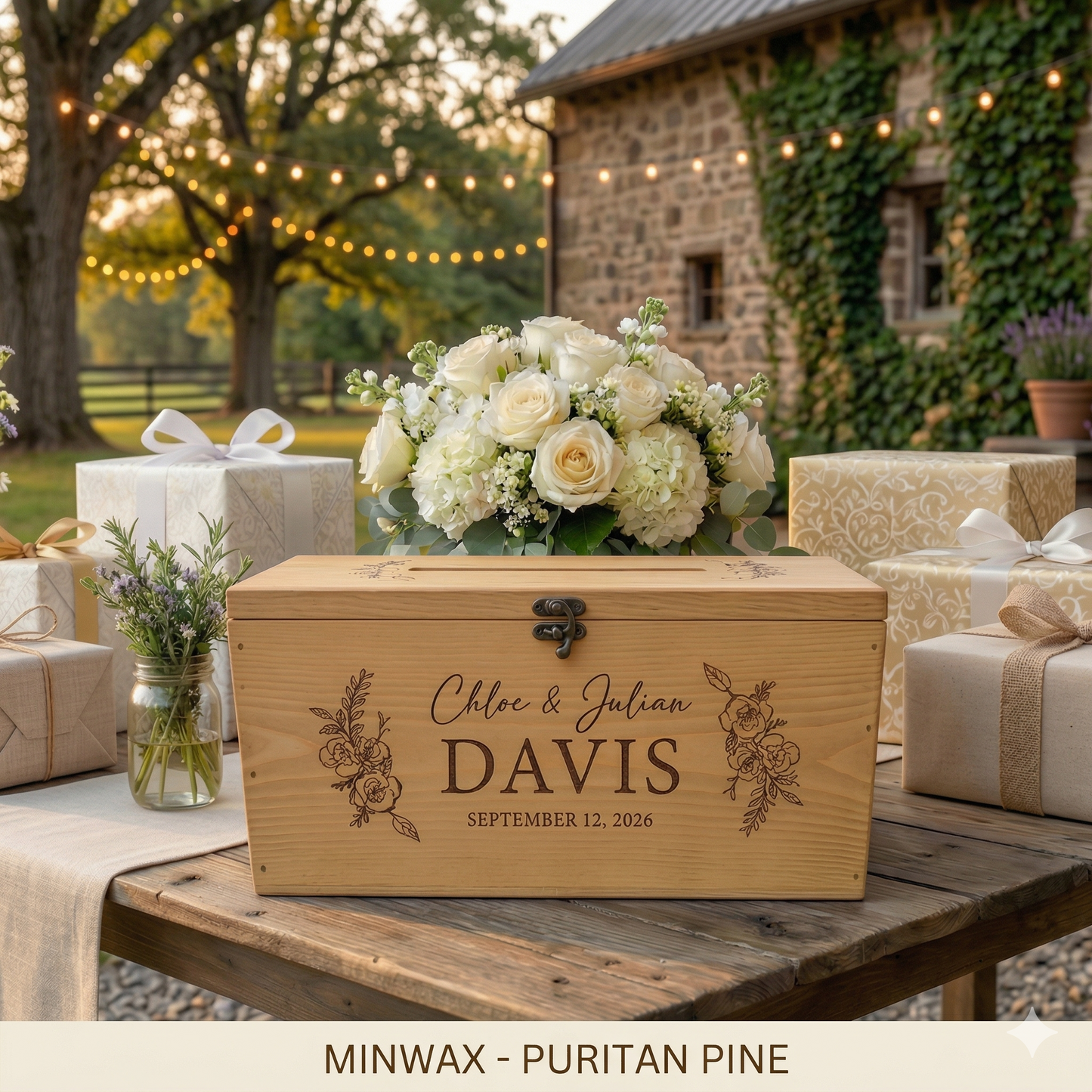 Personalized Engraved Pine Wood Wedding Keepsake Box | Rustic Farmhouse Memory Box Gift