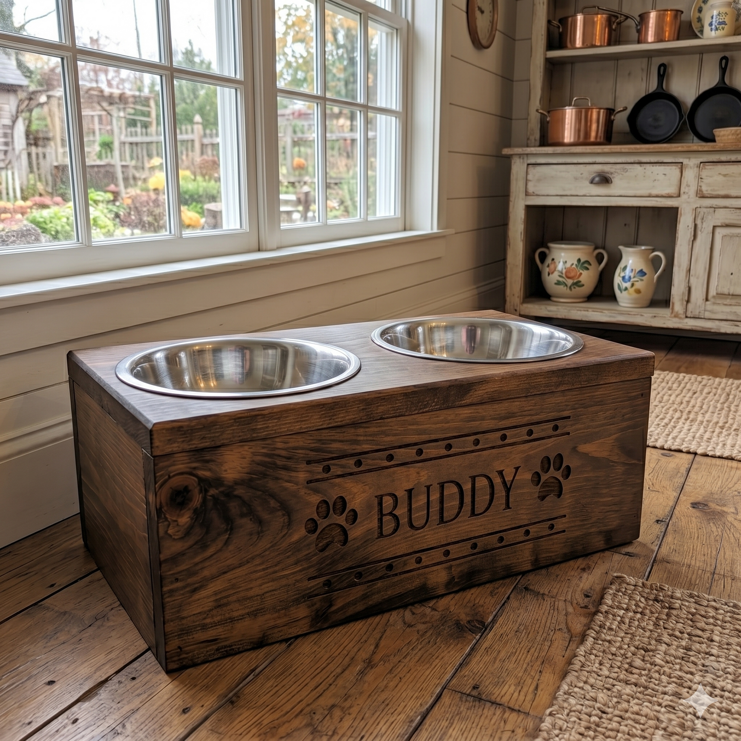 Personalized Engraved Wooden Dog Bowl Holder | Handcrafted Farmhouse Elevated Pet Feeder