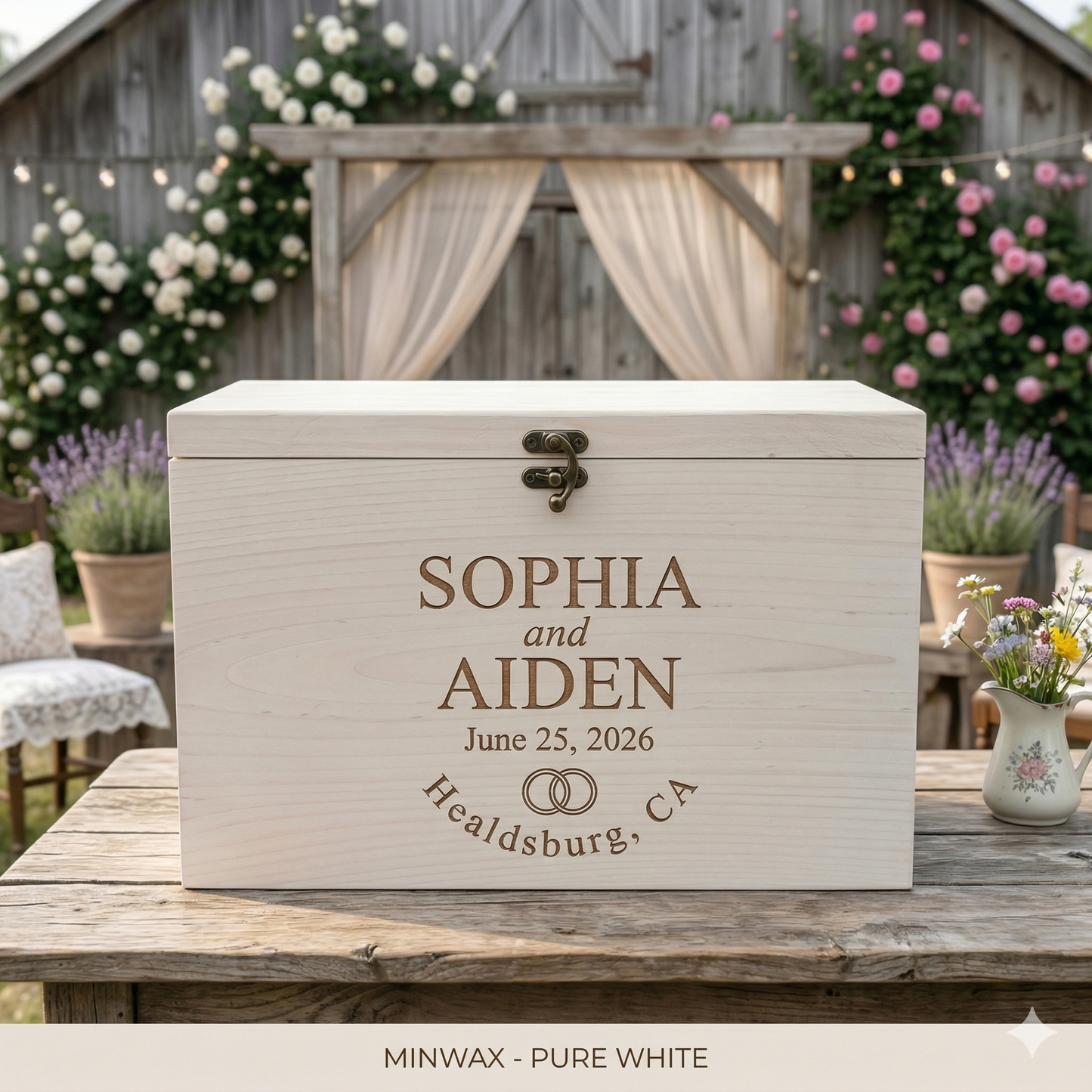 Personalized Engraved Pine Wood Wedding Keepsake Box | Rustic Farmhouse Memory Box Gift