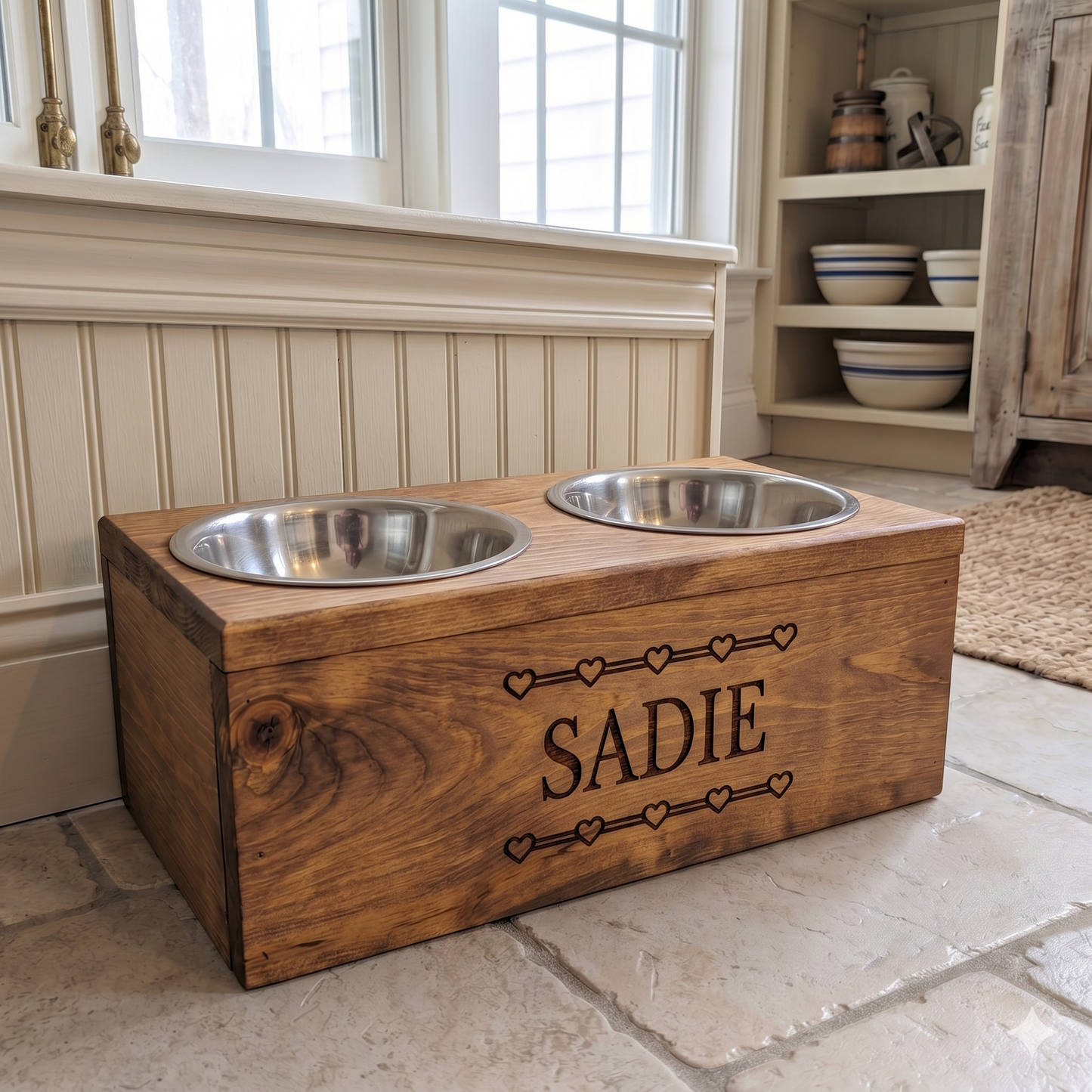 Personalized Engraved Wooden Dog Bowl Holder | Handcrafted Farmhouse Elevated Pet Feeder