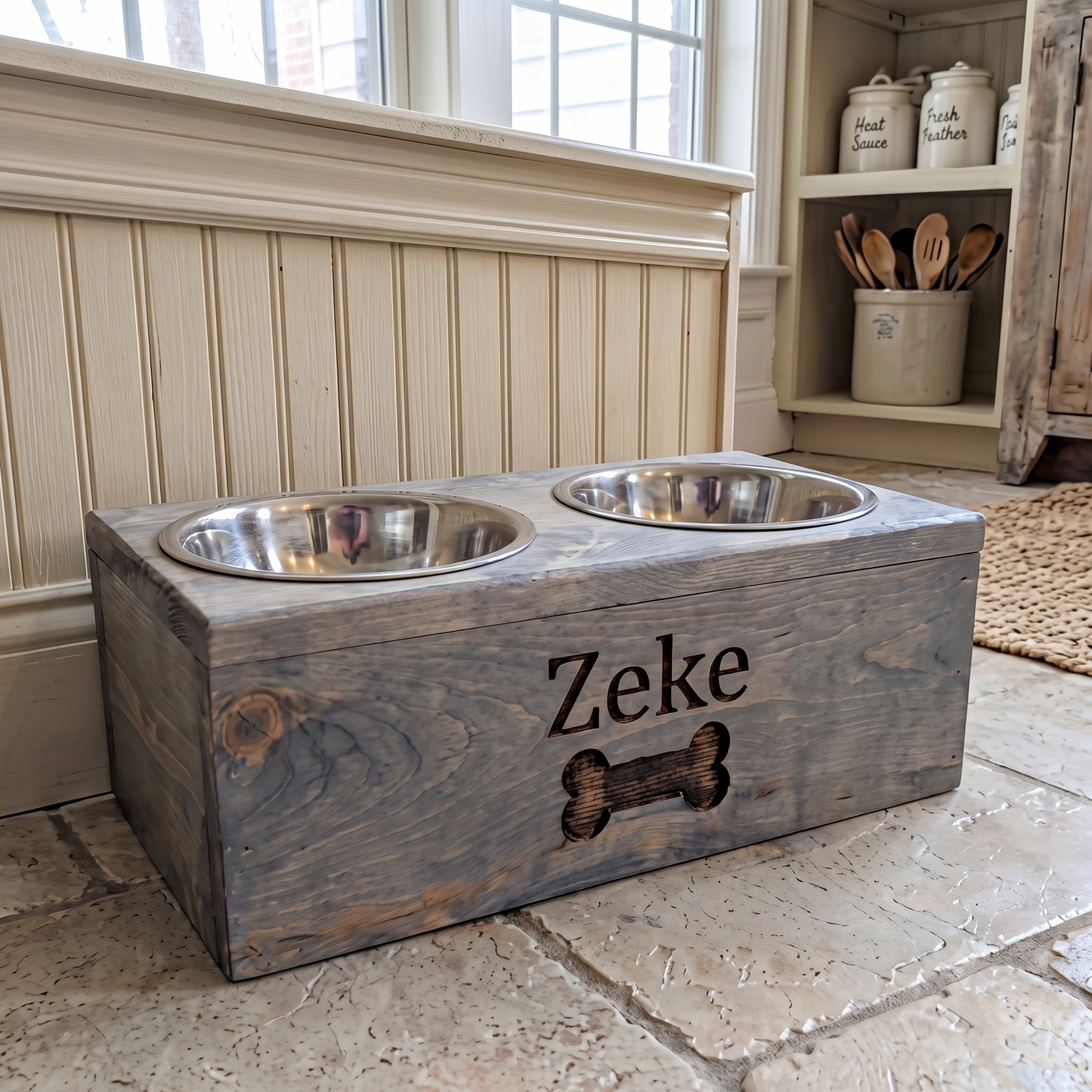 Personalized Engraved Wooden Dog Bowl Holder | Handcrafted Farmhouse Elevated Pet Feeder