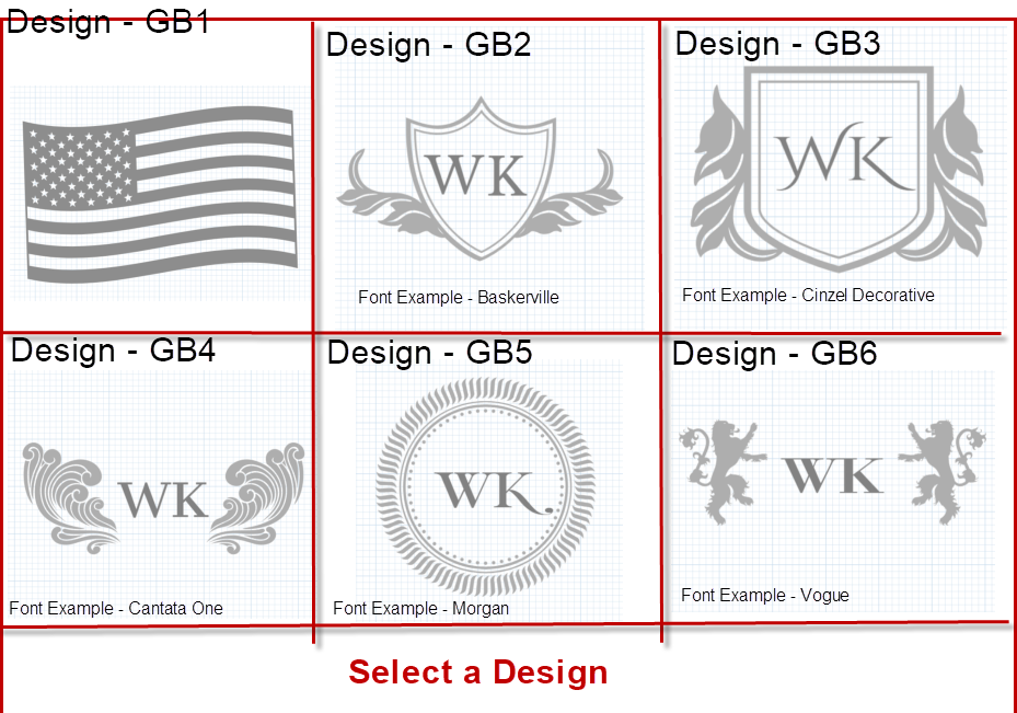 A grid showing six logo design options labeled Design - GB1 through Design - GB6, with a U.S.
