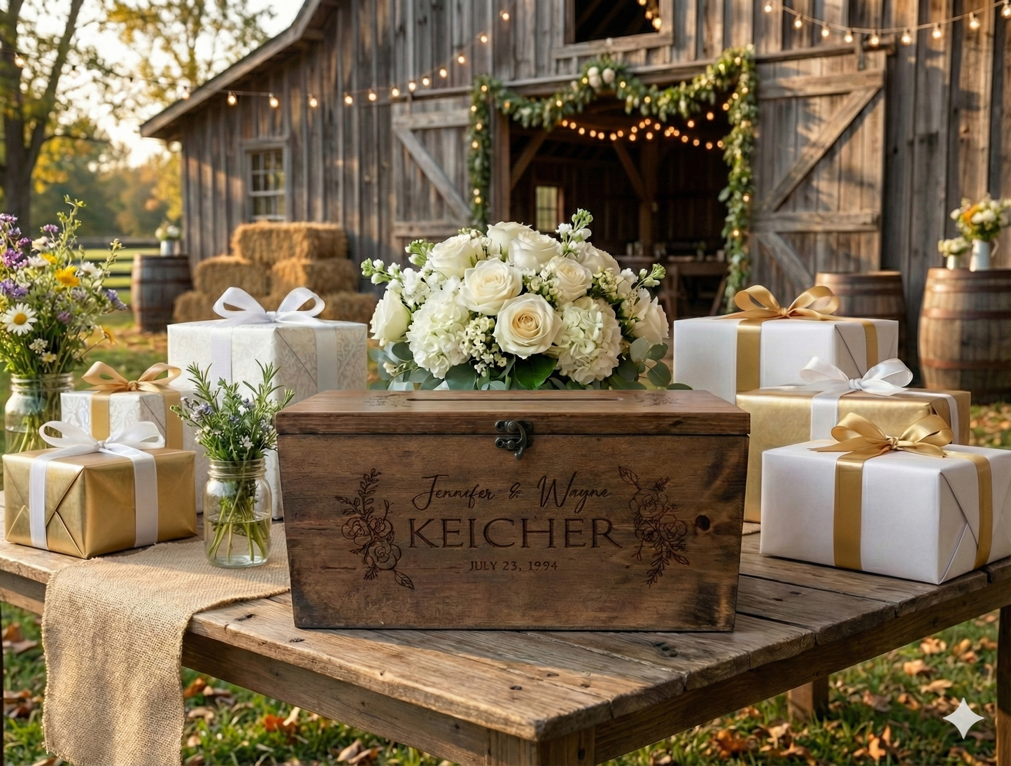Personalized Engraved Pine Wood Wedding Keepsake Box | Rustic Farmhouse Memory Box Gift