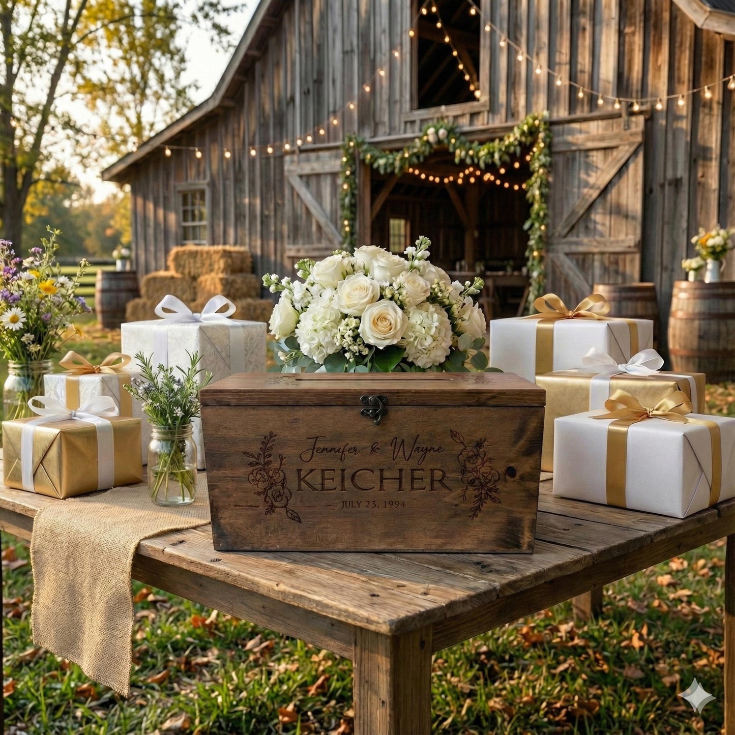 Personalized Engraved Pine Wood Wedding Keepsake Box | Rustic Farmhouse Memory Box Gift