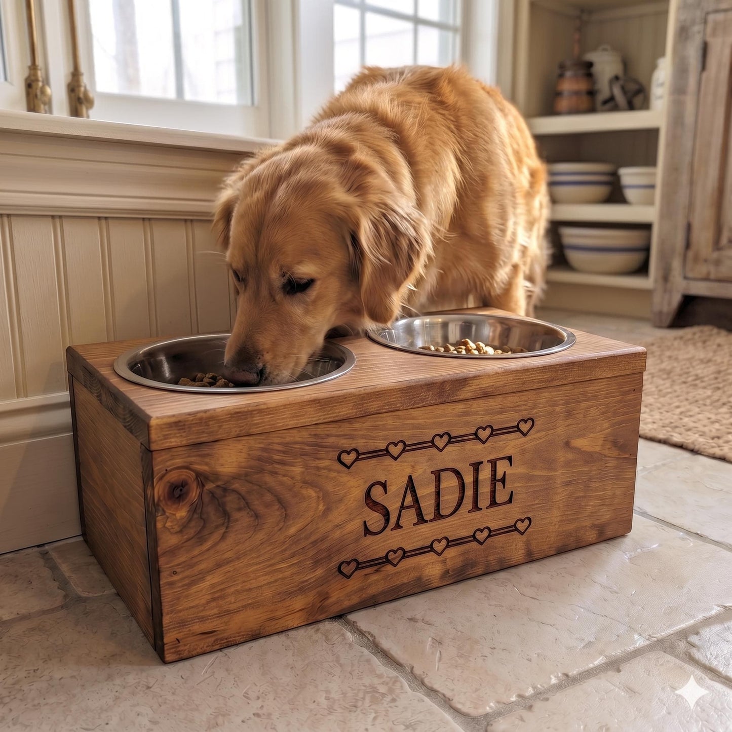 Personalized Engraved Wooden Dog Bowl Holder | Handcrafted Farmhouse Elevated Pet Feeder
